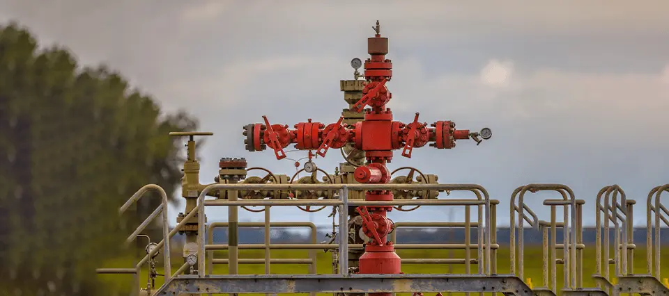 Fotografía tomada en el campo de un cabezal de pozo en la industria del petróleo y el gas, una de las muchas aplicaciones que requieren un apriete de precisión.